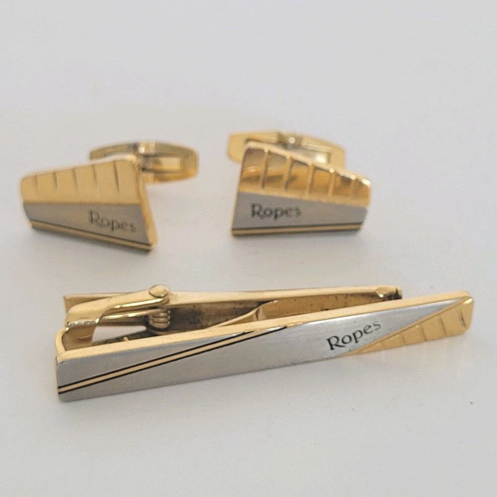 Ropes Tie Bar Clip Cufflinks Set Gold Silver Two Tone Logo Geometric Whale Retro